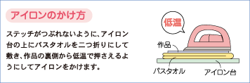 アイロンのかけ方　ステッチをつぶさないように、アイロン台の上にバスタオルを二つ折りにして敷き、作品の裏側から低温で押さえるようにしてアイロンをかけます。
